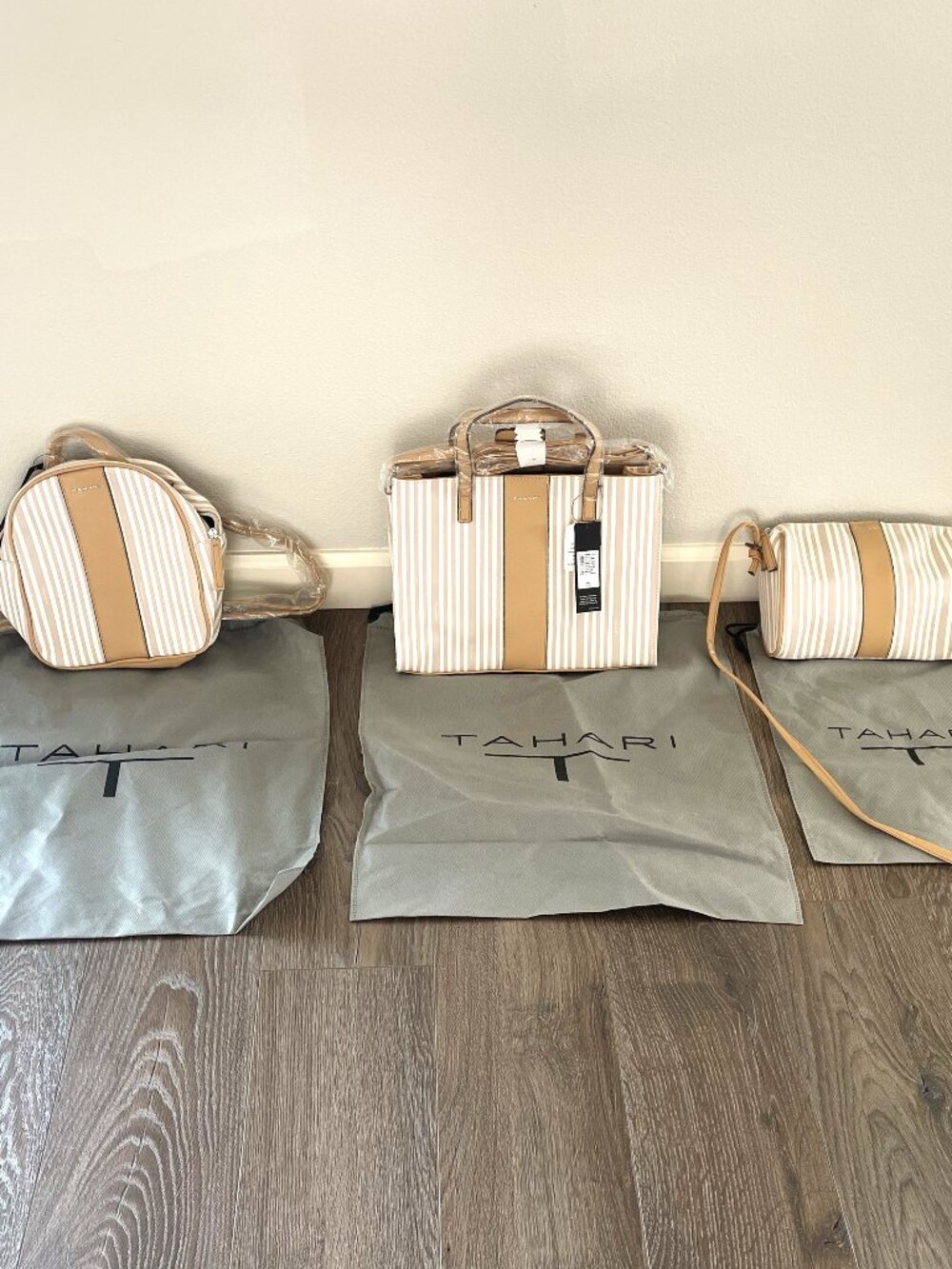 NWTs Set of Three TAHARI Sand Stripe Shoulder Bags Purses Backpack Handbag New